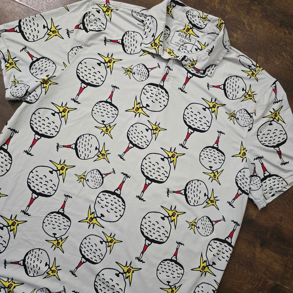 Sosik Mens Golf Ball Bomb Graphic Print Performance Polo Shirt White 2XL